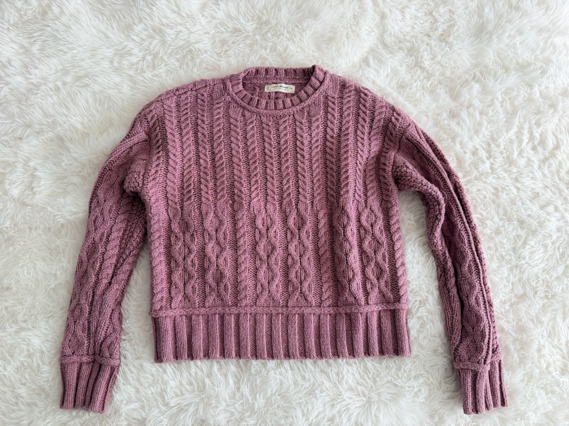 Lucky Brand Pink Mixed Cable Knit Crewneck Sweater Xs